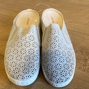 Light Gray Laser-Cut Slip-On Mules